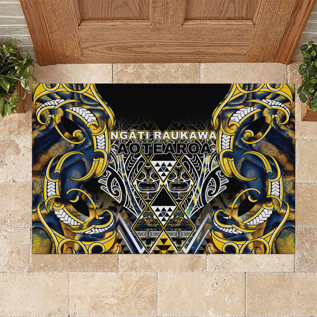 Aotearoa Ngati Raukawa Rubber Doormat Maori Tribal Yellow And Navy Paua Shell Pattern
