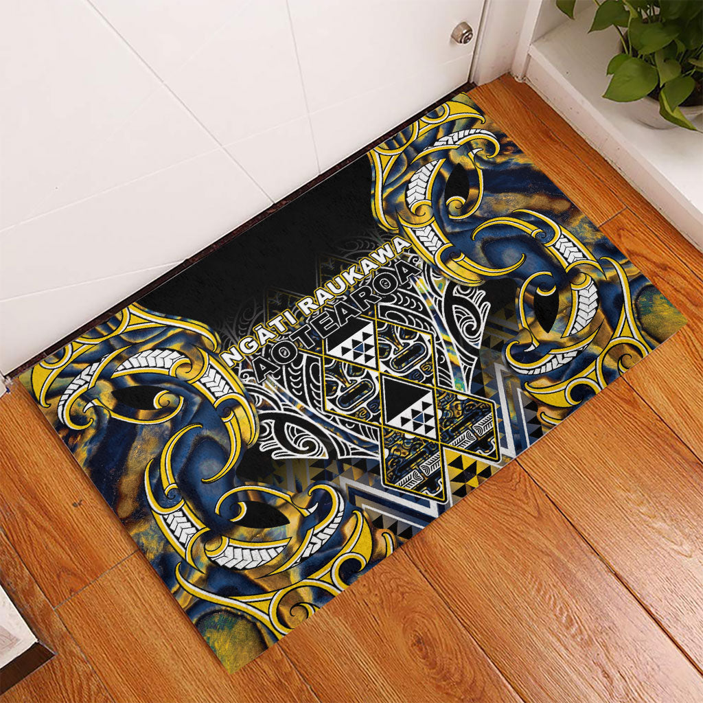 Aotearoa Ngati Raukawa Rubber Doormat Maori Tribal Yellow And Navy Paua Shell Pattern