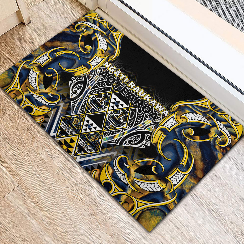 Aotearoa Ngati Raukawa Rubber Doormat Maori Tribal Yellow And Navy Paua Shell Pattern