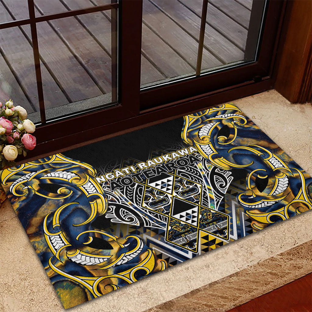 Aotearoa Ngati Raukawa Rubber Doormat Maori Tribal Yellow And Navy Paua Shell Pattern
