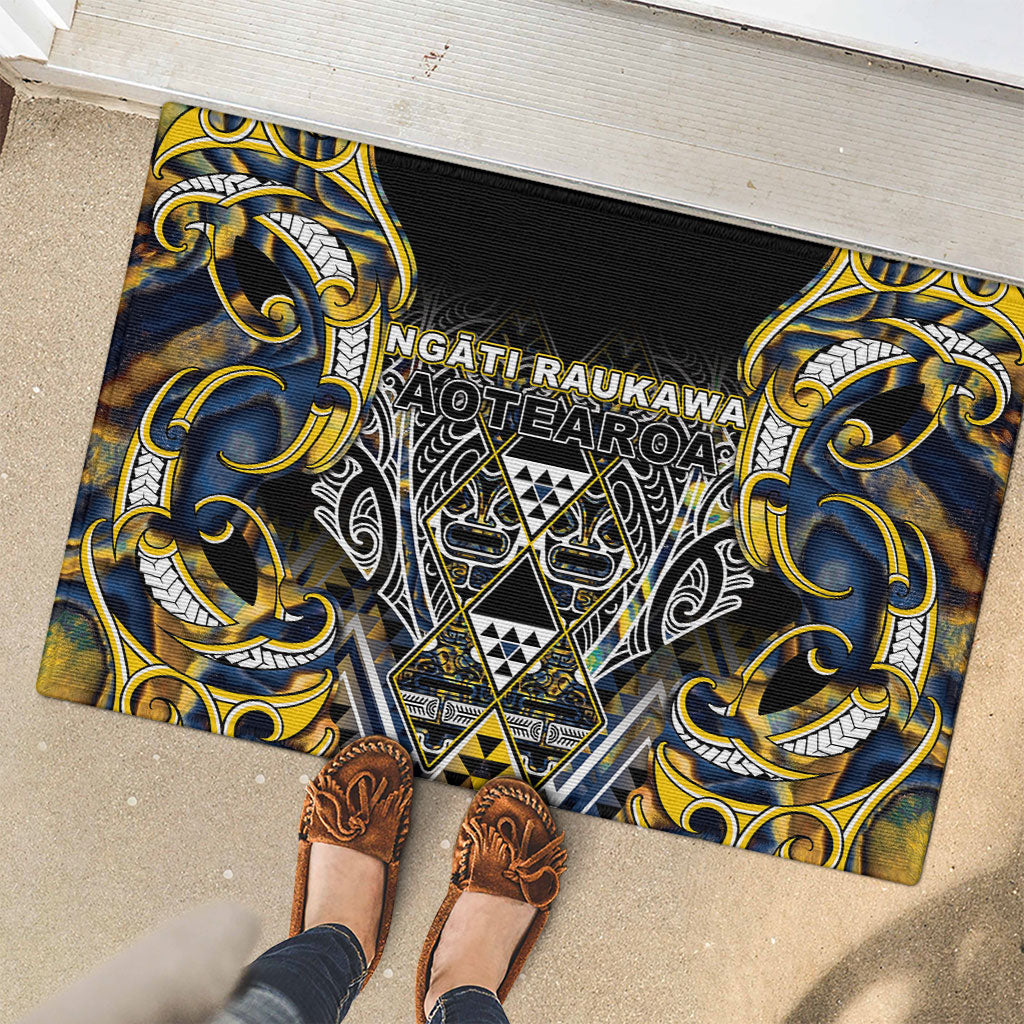 Aotearoa Ngati Raukawa Rubber Doormat Maori Tribal Yellow And Navy Paua Shell Pattern