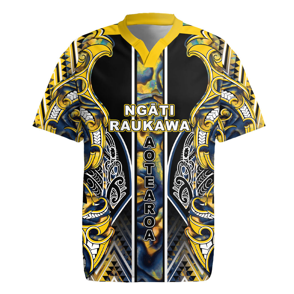 Aotearoa Ngati Raukawa Rugby Jersey Maori Tribal Yellow And Navy Paua Shell Pattern