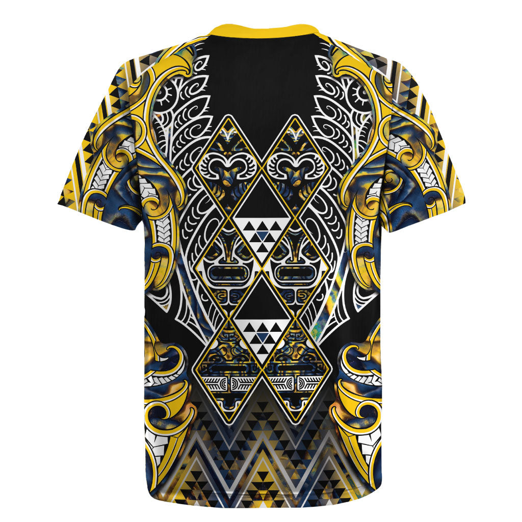 Aotearoa Ngati Raukawa Rugby Jersey Maori Tribal Yellow And Navy Paua Shell Pattern