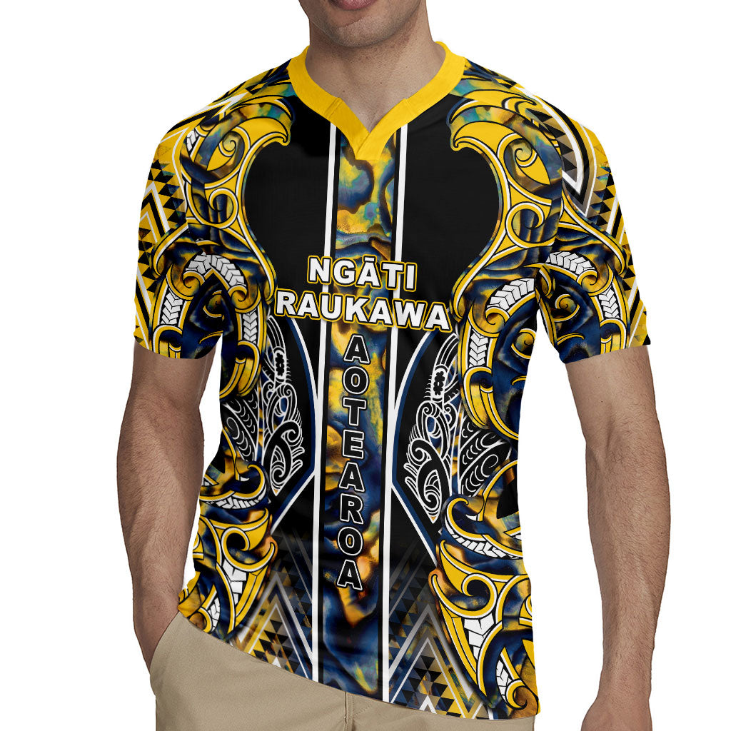 Aotearoa Ngati Raukawa Rugby Jersey Maori Tribal Yellow And Navy Paua Shell Pattern