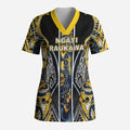 Aotearoa Ngati Raukawa Scrub Top Maori Tribal Yellow And Navy Paua Shell Pattern