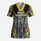 Aotearoa Ngati Raukawa Scrub Top Maori Tribal Yellow And Navy Paua Shell Pattern