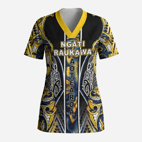 Aotearoa Ngati Raukawa Scrub Top Maori Tribal Yellow And Navy Paua Shell Pattern