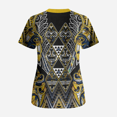 Aotearoa Ngati Raukawa Scrub Top Maori Tribal Yellow And Navy Paua Shell Pattern