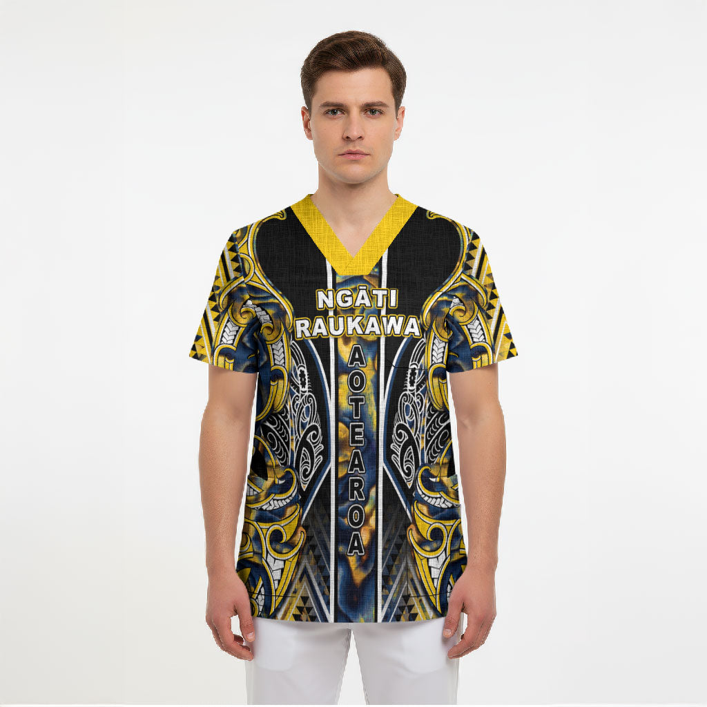 Aotearoa Ngati Raukawa Scrub Top Maori Tribal Yellow And Navy Paua Shell Pattern