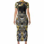 Aotearoa Ngati Raukawa Short Sleeve Bodycon Dress Maori Tribal Yellow And Navy Paua Shell Pattern