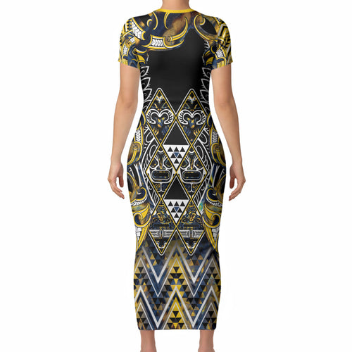 Aotearoa Ngati Raukawa Short Sleeve Bodycon Dress Maori Tribal Yellow And Navy Paua Shell Pattern