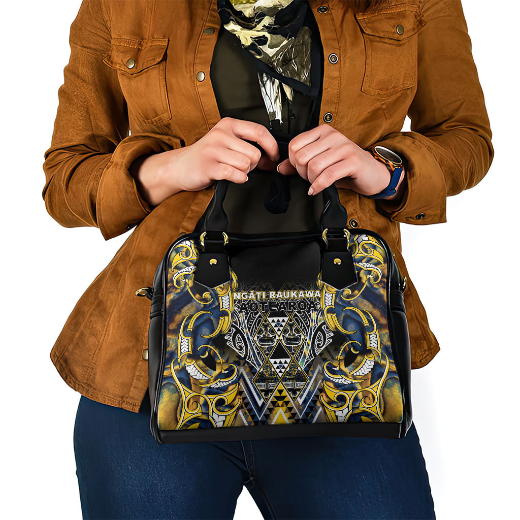 Aotearoa Ngati Raukawa Shoulder Handbag Maori Tribal Yellow And Navy Paua Shell Pattern