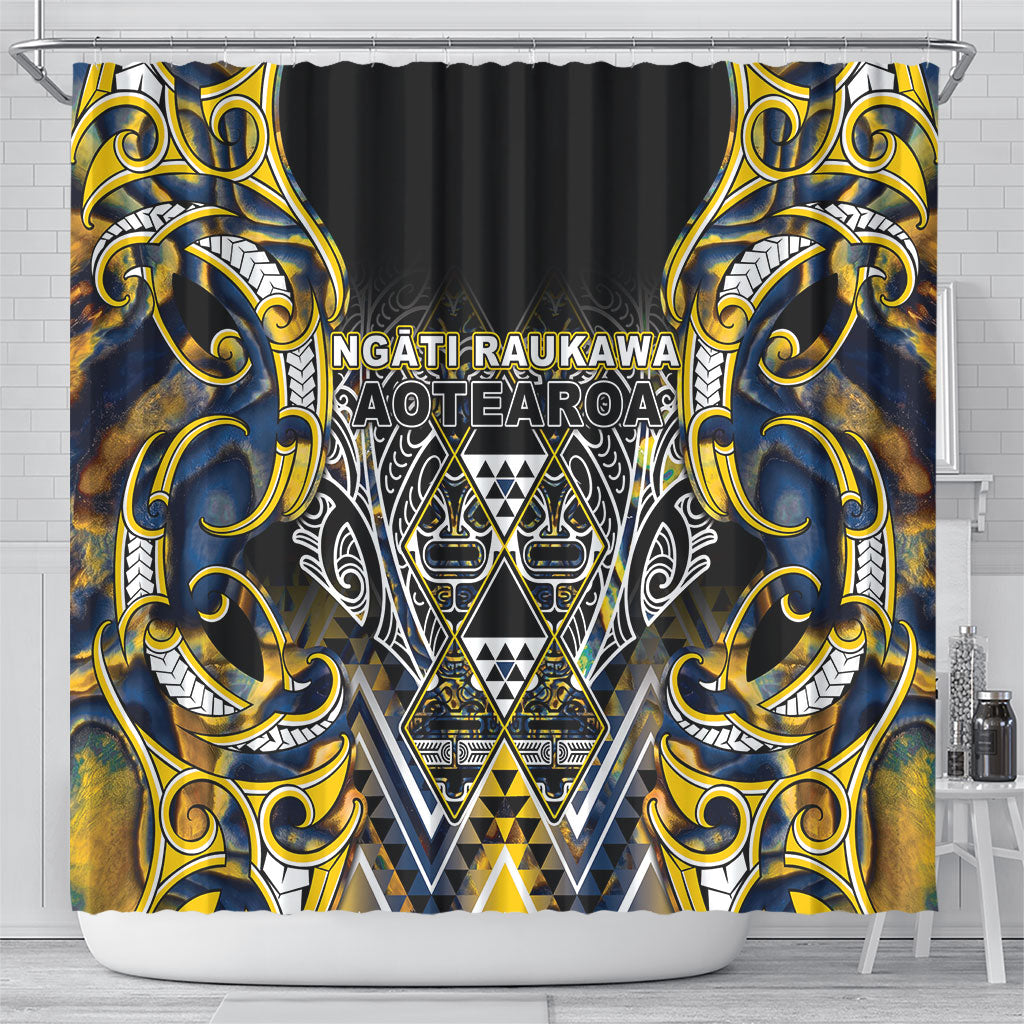 Aotearoa Ngati Raukawa Shower Curtain Maori Tribal Yellow And Navy Paua Shell Pattern