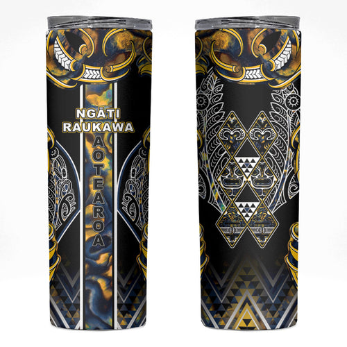 Aotearoa Ngati Raukawa Skinny Tumbler Maori Tribal Yellow And Navy Paua Shell Pattern
