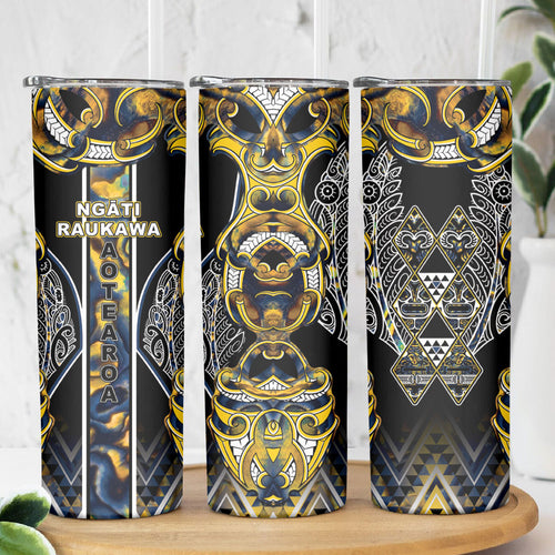 Aotearoa Ngati Raukawa Skinny Tumbler Maori Tribal Yellow And Navy Paua Shell Pattern