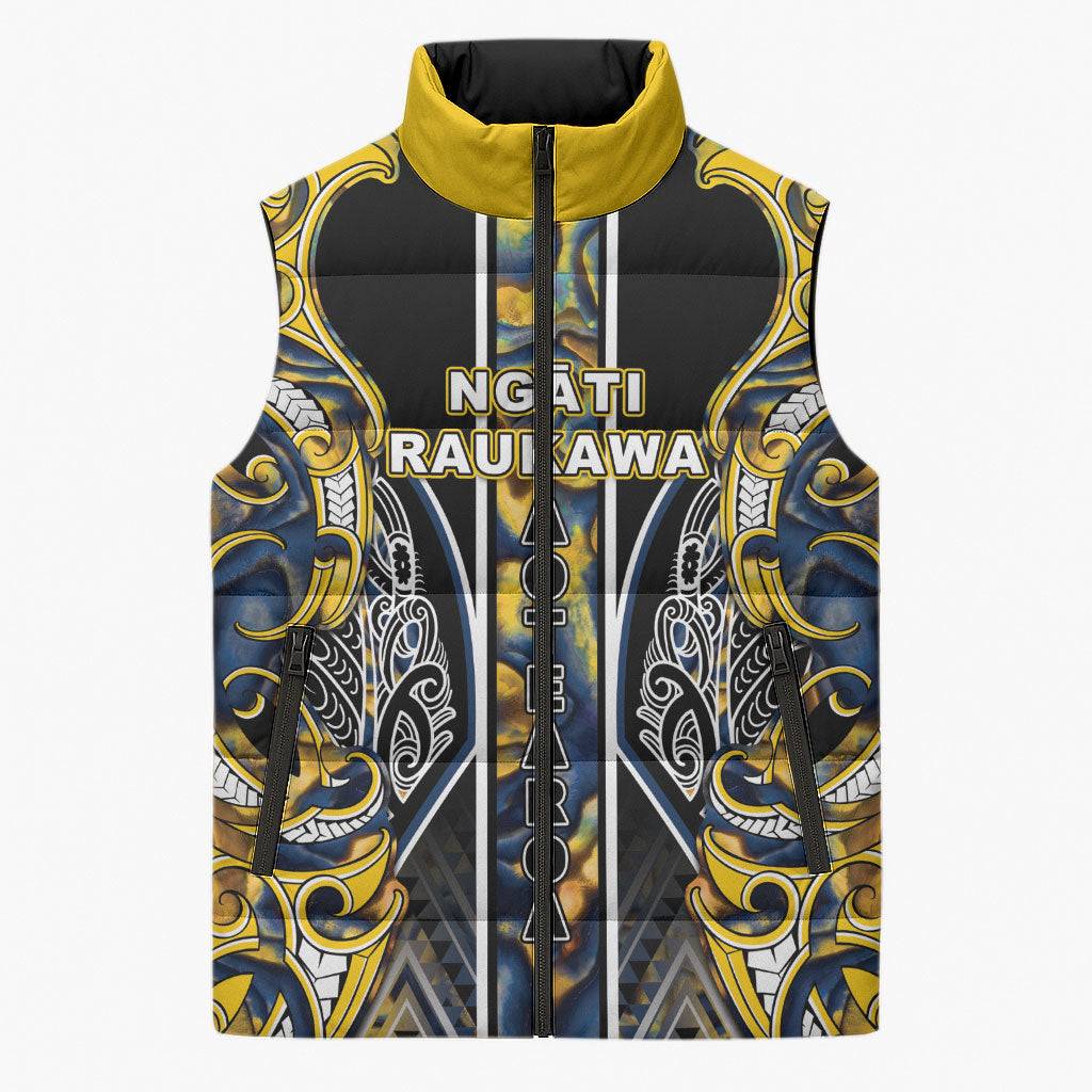 Aotearoa Ngati Raukawa Sleeveless Puffer Jacket Maori Tribal Yellow And Navy Paua Shell Pattern