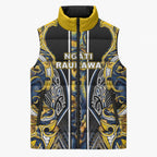 Aotearoa Ngati Raukawa Sleeveless Puffer Jacket Maori Tribal Yellow And Navy Paua Shell Pattern