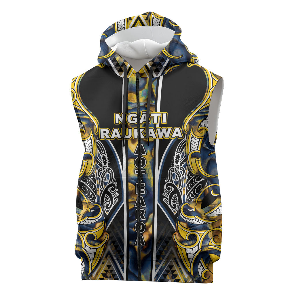 Aotearoa Ngati Raukawa Sleeveless Zip Hoodie Maori Tribal Yellow And Navy Paua Shell Pattern