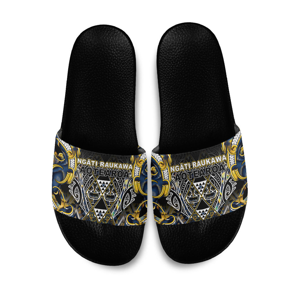 Aotearoa Ngati Raukawa Slide Sandals Maori Tribal Yellow And Navy Paua Shell Pattern