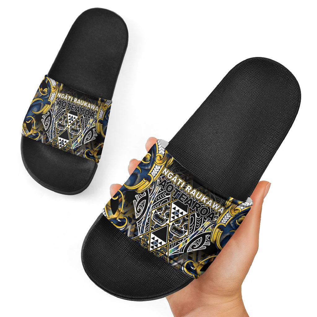 Aotearoa Ngati Raukawa Slide Sandals Maori Tribal Yellow And Navy Paua Shell Pattern