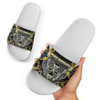 Aotearoa Ngati Raukawa Slide Sandals Maori Tribal Yellow And Navy Paua Shell Pattern