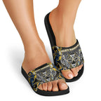 Aotearoa Ngati Raukawa Slide Sandals Maori Tribal Yellow And Navy Paua Shell Pattern