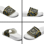 Aotearoa Ngati Raukawa Slide Sandals Maori Tribal Yellow And Navy Paua Shell Pattern
