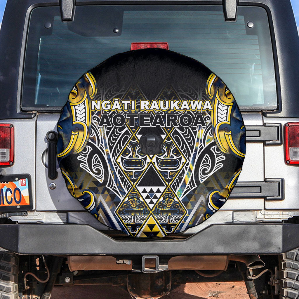 Aotearoa Ngati Raukawa Spare Tire Cover Maori Tribal Yellow And Navy Paua Shell Pattern