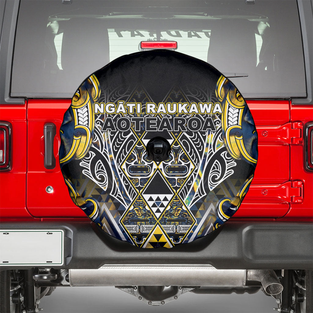 Aotearoa Ngati Raukawa Spare Tire Cover Maori Tribal Yellow And Navy Paua Shell Pattern
