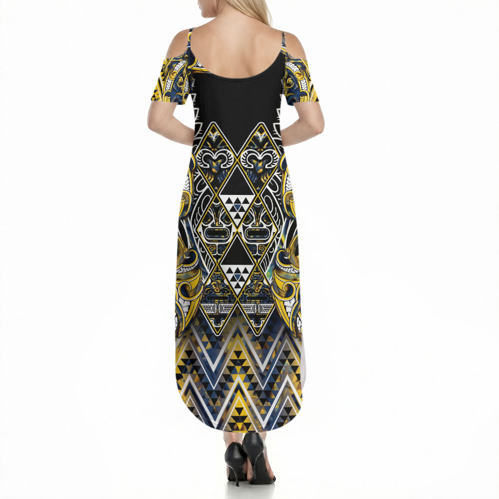 Aotearoa Ngati Raukawa Summer Maxi Dress Maori Tribal Yellow And Navy Paua Shell Pattern