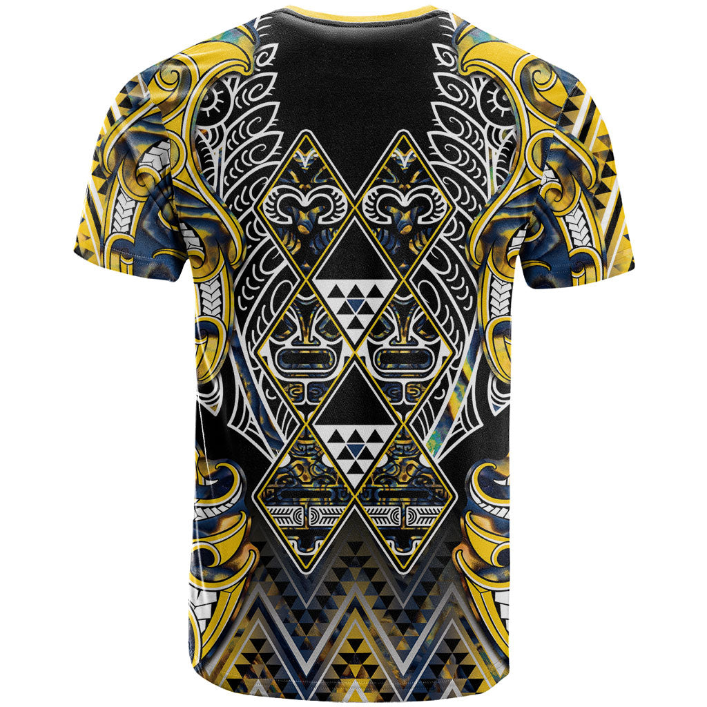 Aotearoa Ngati Raukawa T Shirt Maori Tribal Yellow And Navy Paua Shell Pattern