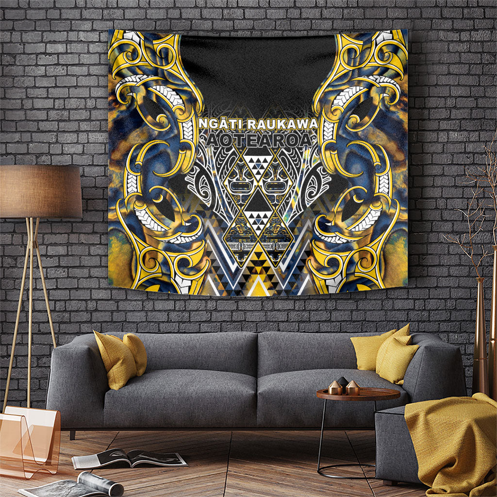 Aotearoa Ngati Raukawa Tapestry Maori Tribal Yellow And Navy Paua Shell Pattern