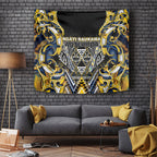 Aotearoa Ngati Raukawa Tapestry Maori Tribal Yellow And Navy Paua Shell Pattern