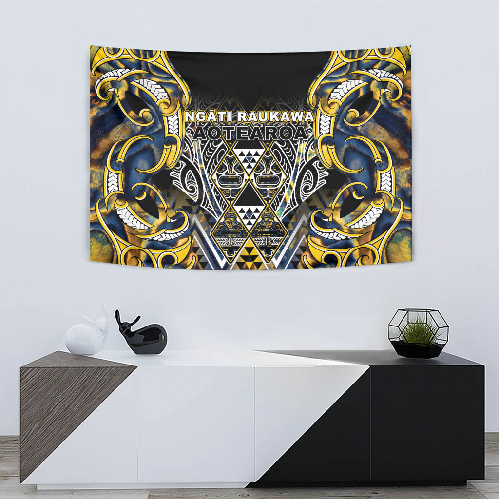 Aotearoa Ngati Raukawa Tapestry Maori Tribal Yellow And Navy Paua Shell Pattern