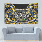 Aotearoa Ngati Raukawa Tapestry Maori Tribal Yellow And Navy Paua Shell Pattern