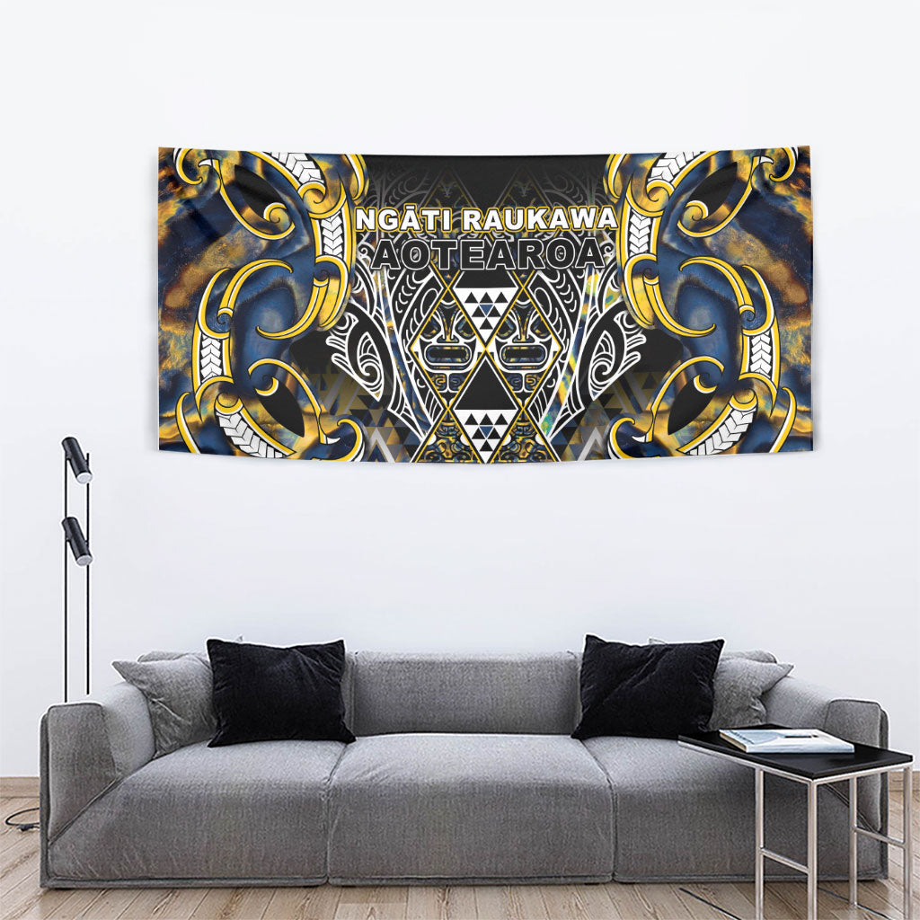 Aotearoa Ngati Raukawa Tapestry Maori Tribal Yellow And Navy Paua Shell Pattern