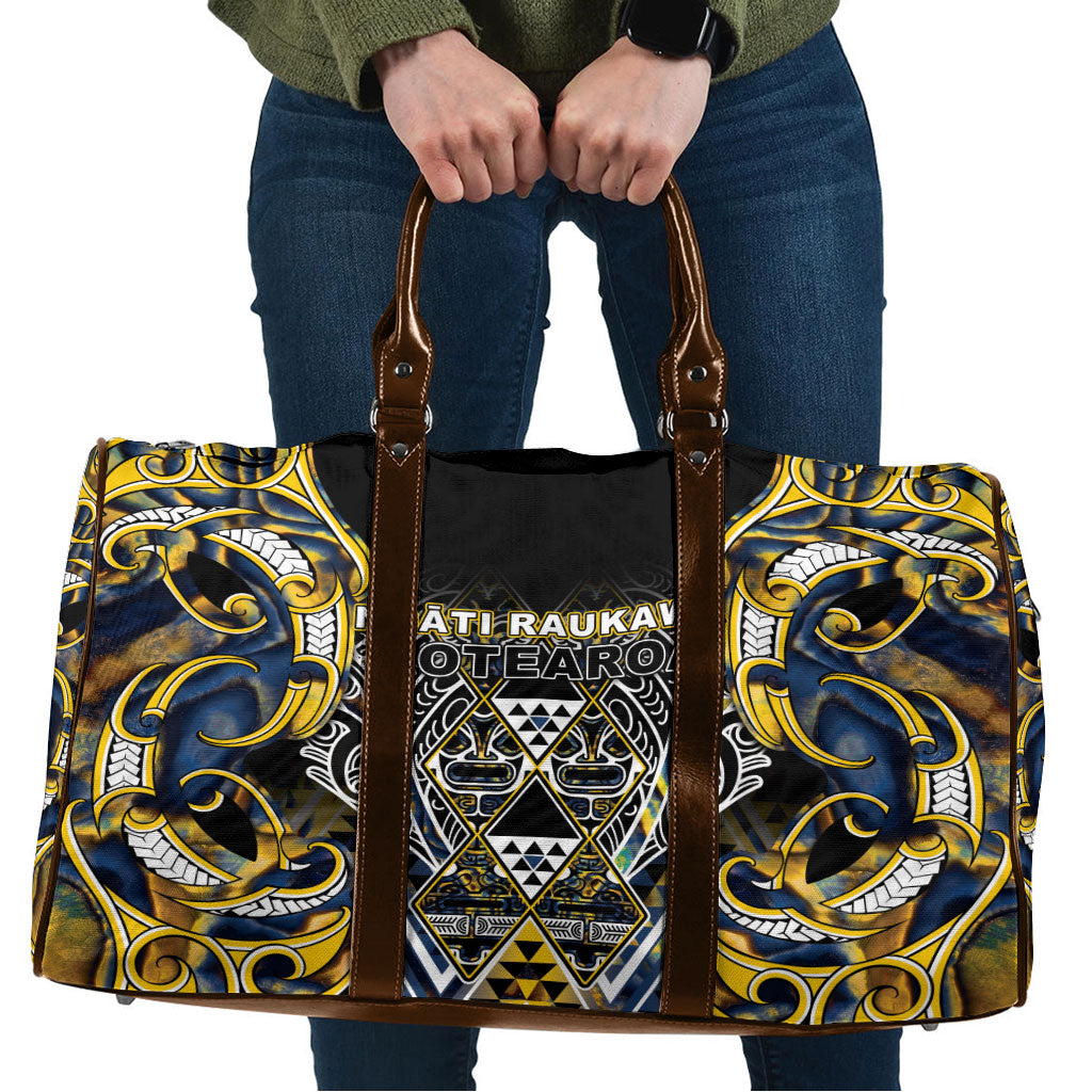 Aotearoa Ngati Raukawa Travel Bag Maori Tribal Yellow And Navy Paua Shell Pattern