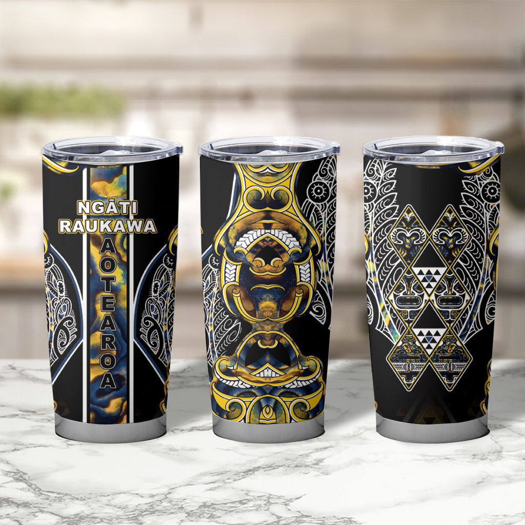 Aotearoa Ngati Raukawa Tumbler Cup Maori Tribal Yellow And Navy Paua Shell Pattern