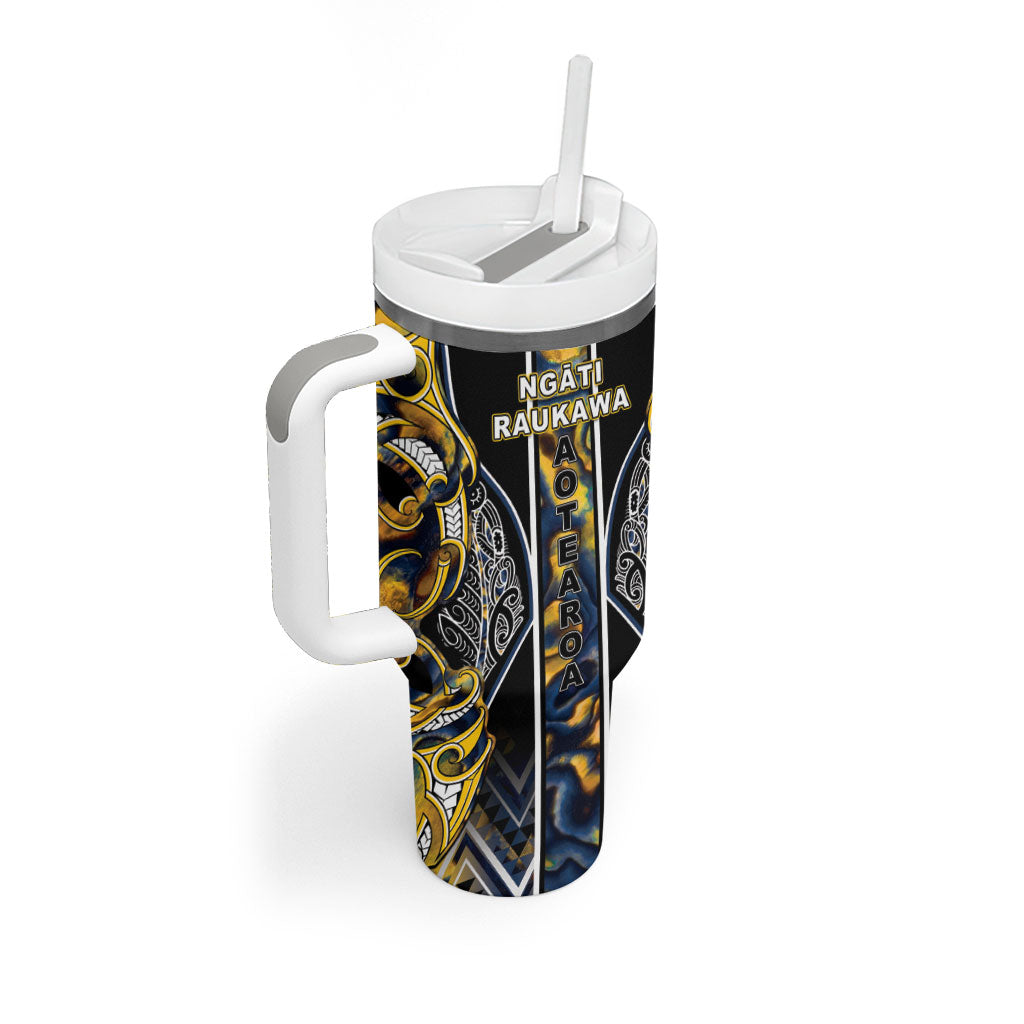 Aotearoa Ngati Raukawa Tumbler With Handle Maori Tribal Yellow And Navy Paua Shell Pattern