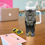 Aotearoa Ngati Raukawa Tumbler With Handle Maori Tribal Yellow And Navy Paua Shell Pattern
