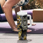 Aotearoa Ngati Raukawa Tumbler With Handle Maori Tribal Yellow And Navy Paua Shell Pattern