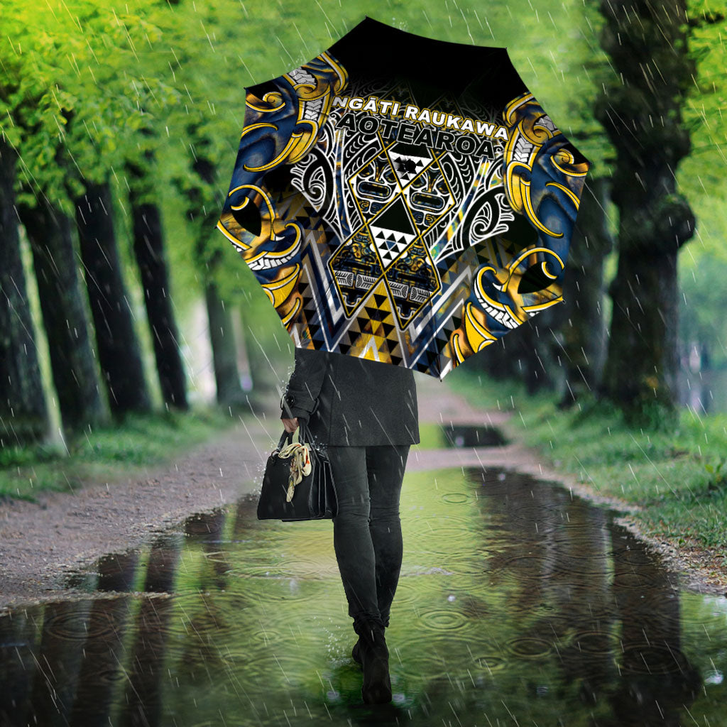 Aotearoa Ngati Raukawa Umbrella Maori Tribal Yellow And Navy Paua Shell Pattern