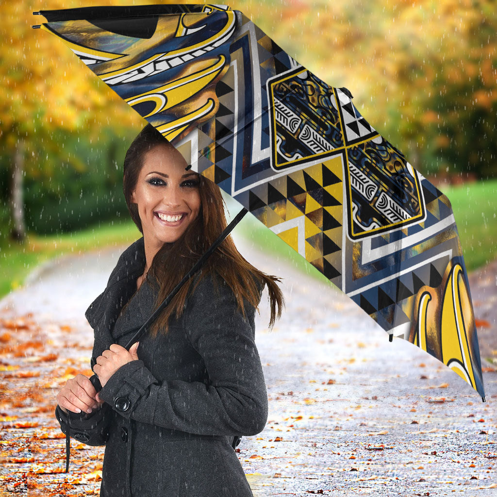 Aotearoa Ngati Raukawa Umbrella Maori Tribal Yellow And Navy Paua Shell Pattern