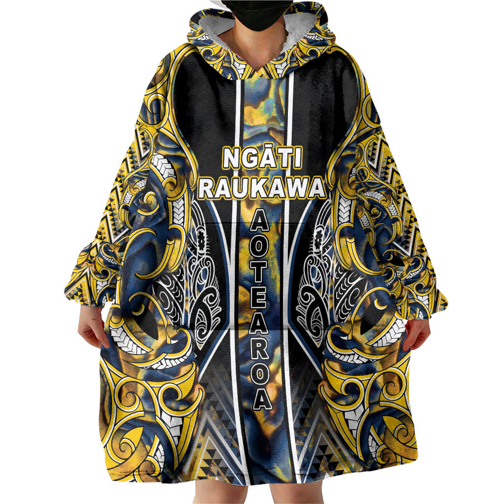 Aotearoa Ngati Raukawa Wearable Blanket Hoodie Maori Tribal Yellow And Navy Paua Shell Pattern