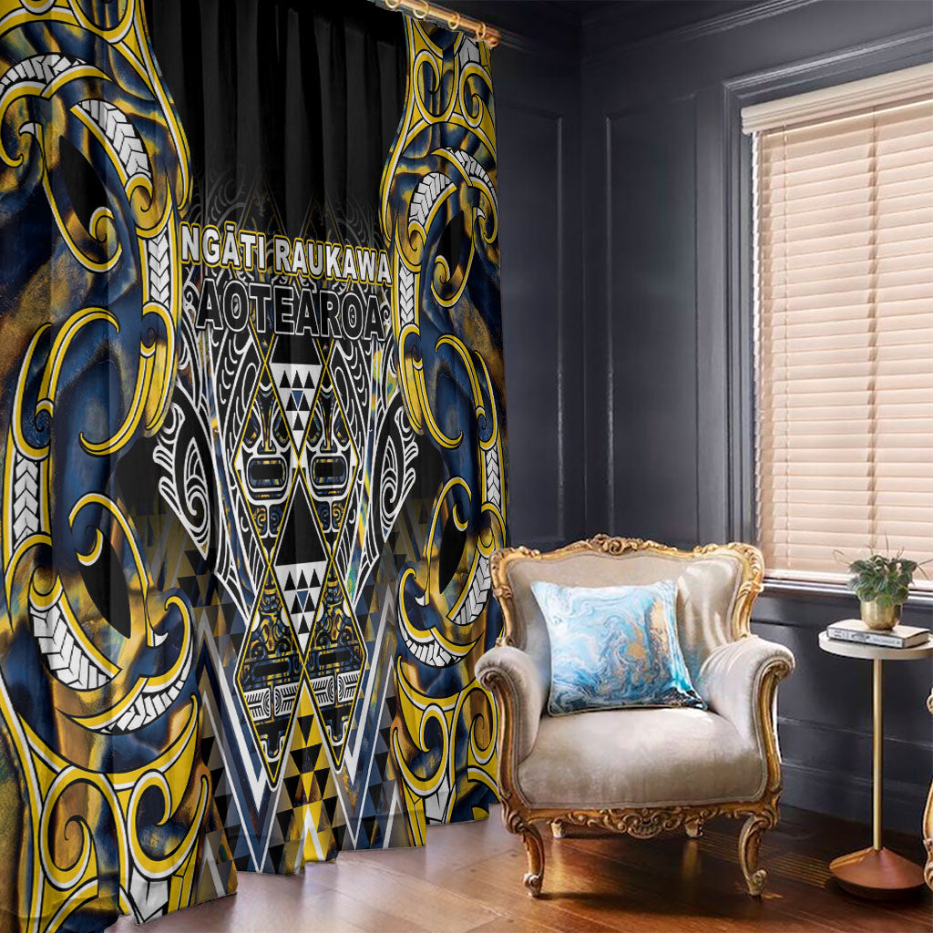 Aotearoa Ngati Raukawa Window Curtain Maori Tribal Yellow And Navy Paua Shell Pattern