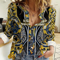 Aotearoa Ngati Raukawa Women Casual Shirt Maori Tribal Yellow And Navy Paua Shell Pattern