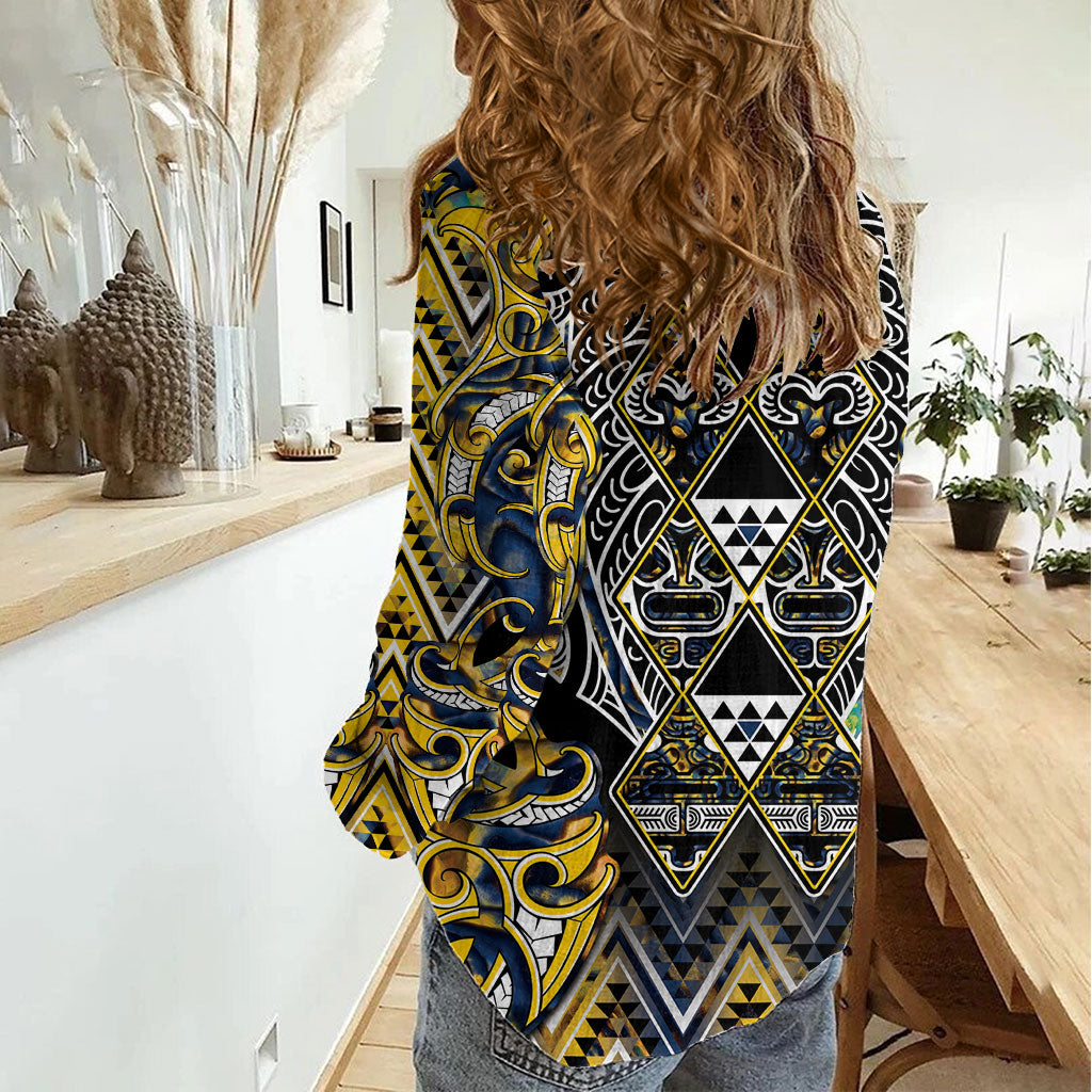 Aotearoa Ngati Raukawa Women Casual Shirt Maori Tribal Yellow And Navy Paua Shell Pattern