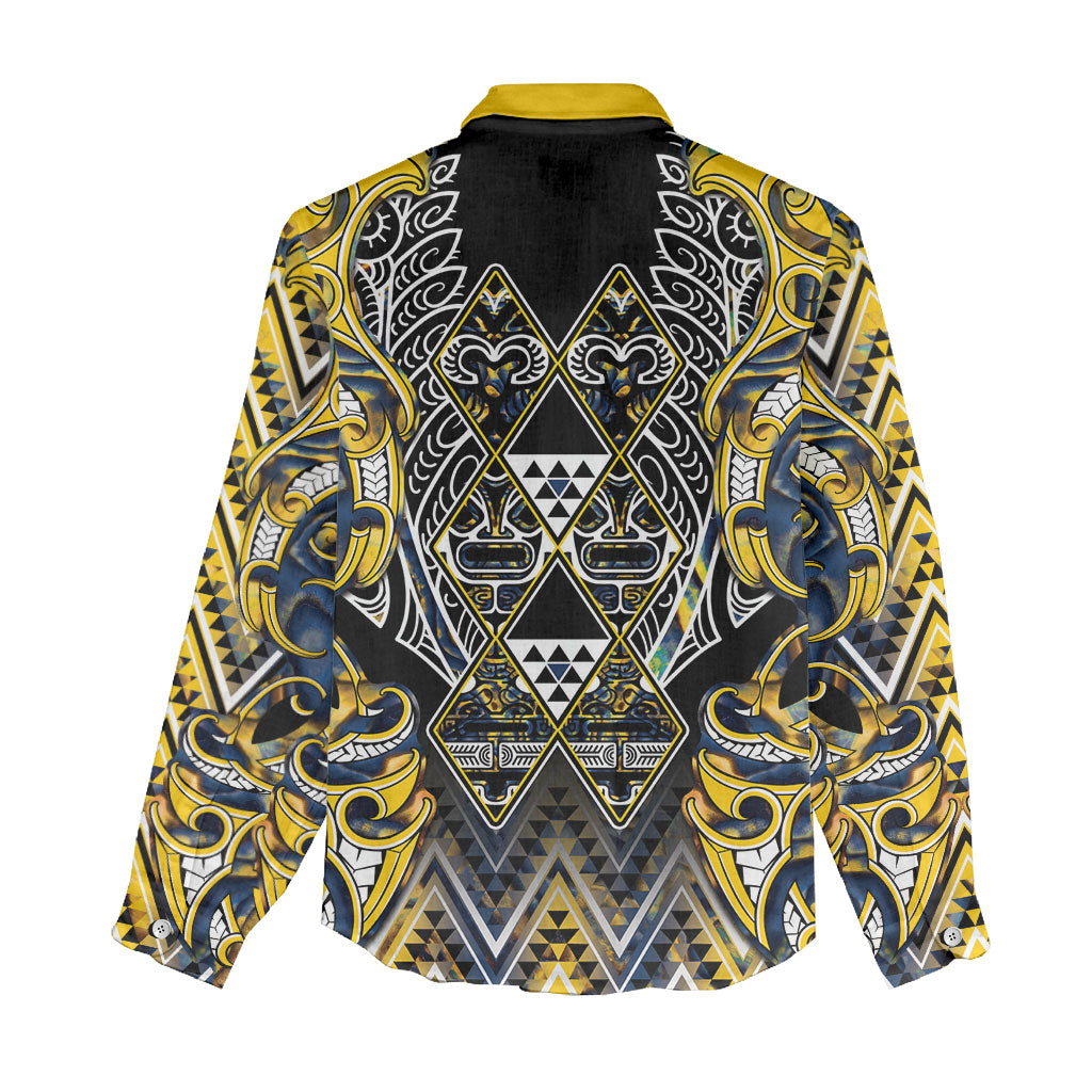 Aotearoa Ngati Raukawa Women Casual Shirt Maori Tribal Yellow And Navy Paua Shell Pattern