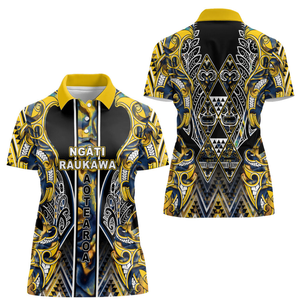 Aotearoa Ngati Raukawa Women Polo Shirt Maori Tribal Yellow And Navy Paua Shell Pattern