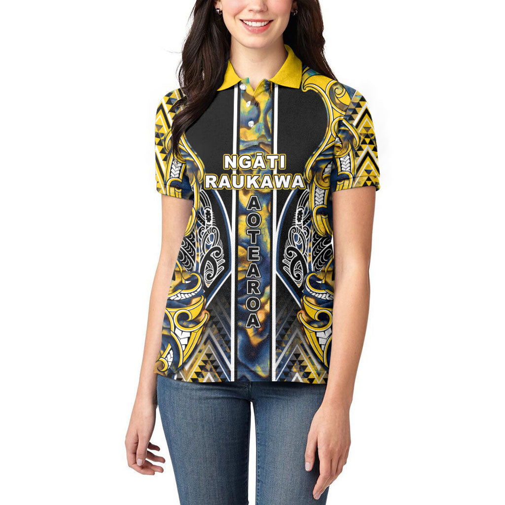 Aotearoa Ngati Raukawa Women Polo Shirt Maori Tribal Yellow And Navy Paua Shell Pattern